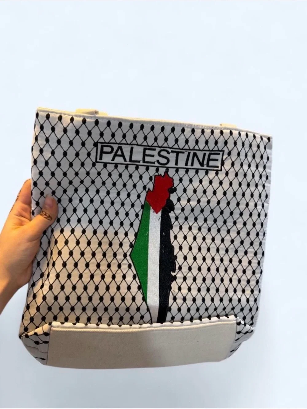 Canvas Palestine Flag Tote Bag - Black & White with Red, Green Accent